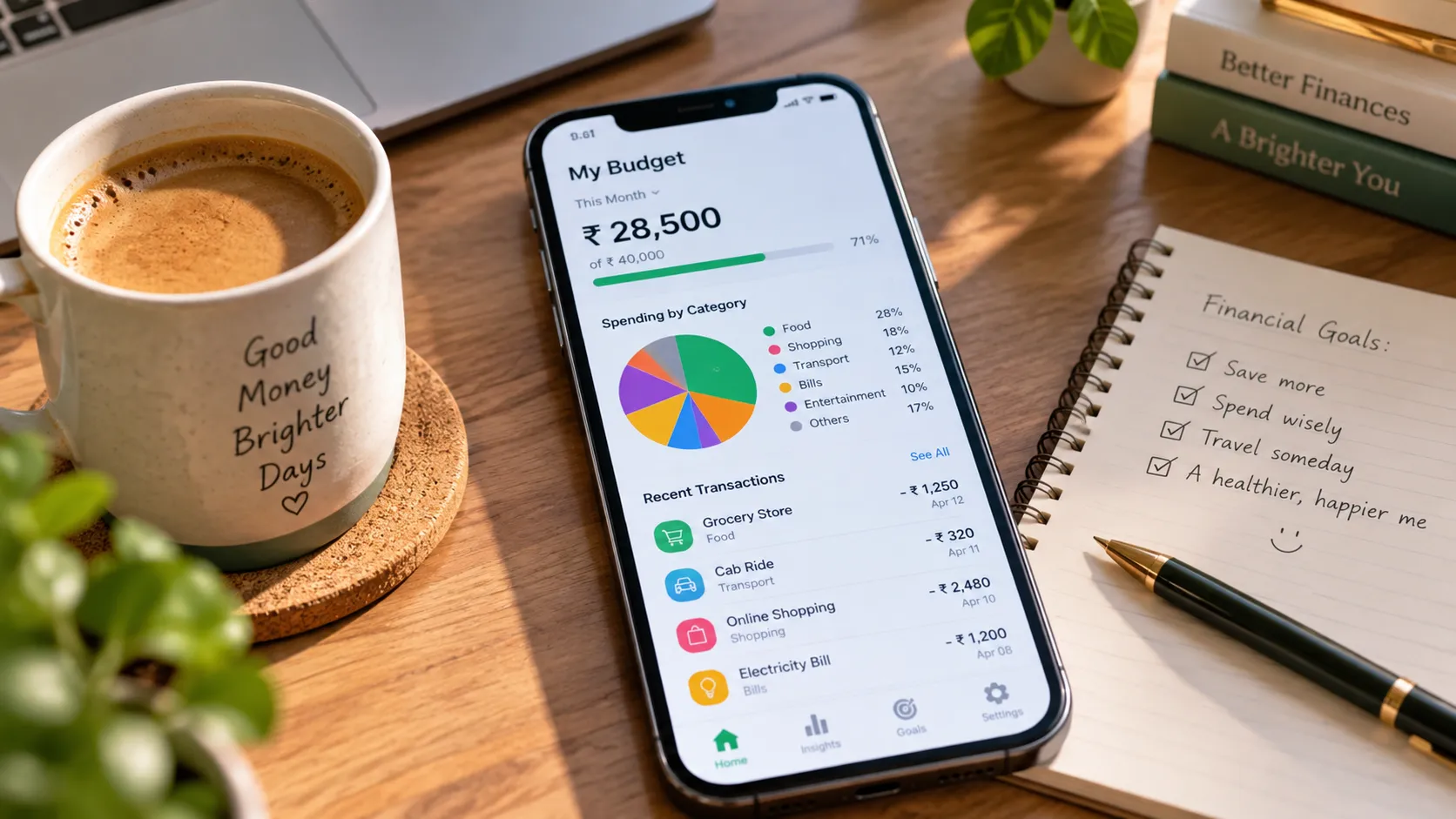 Smartphone displaying a colorful budgeting app dashboard with spending categories and pie chart on a desk