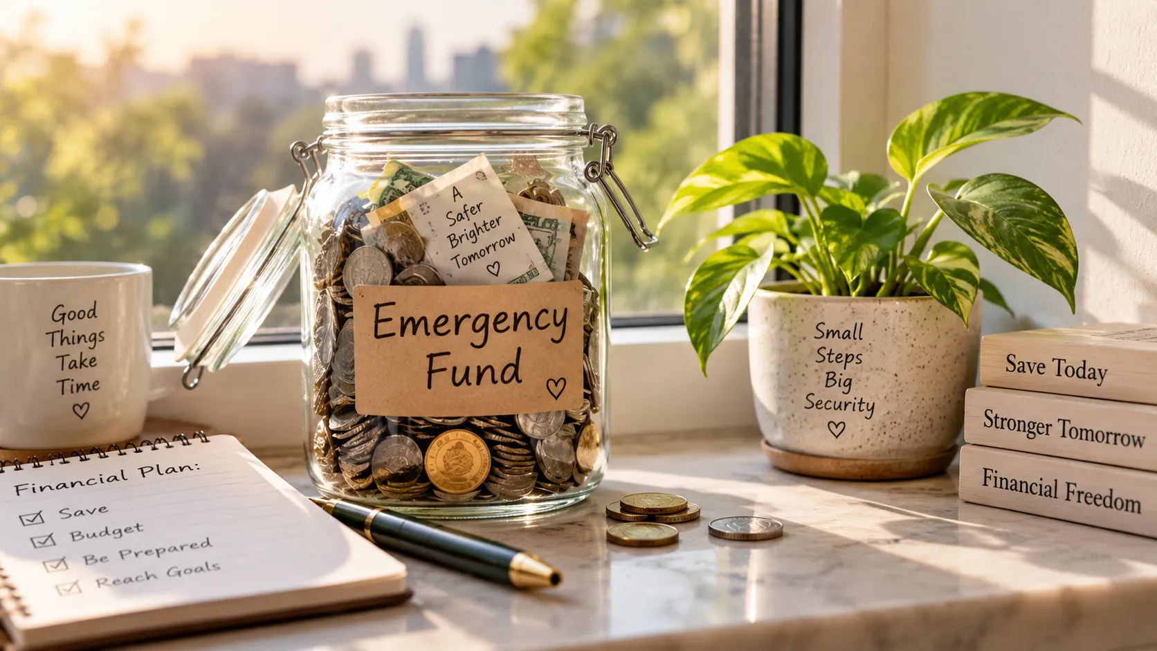 Glass jar labeled Emergency Fund filled with coins and cash on a sunny windowsill