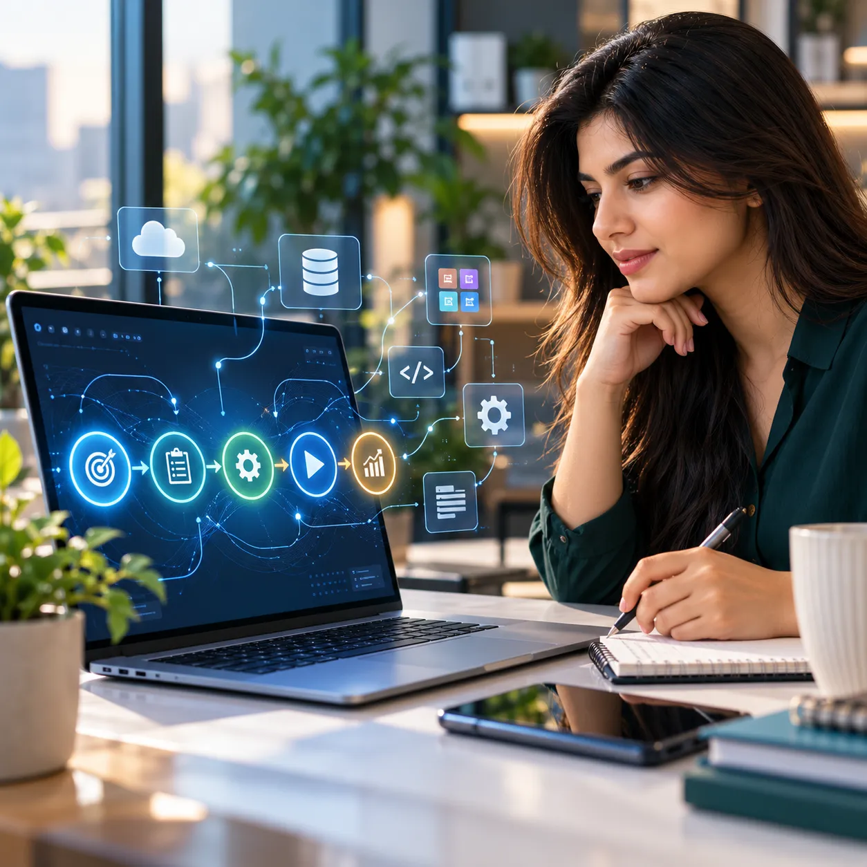 AI agent workflow showing connected tools, automation, and results on a laptop